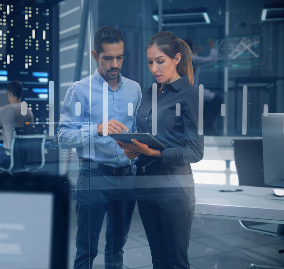 Female and Male Engineers Analyzing Data on Futuristic Transparent Touch Screen.