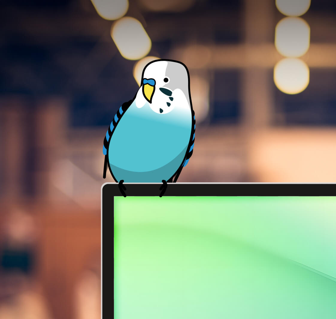 Inicio AI Budgie sitting on a monitor.