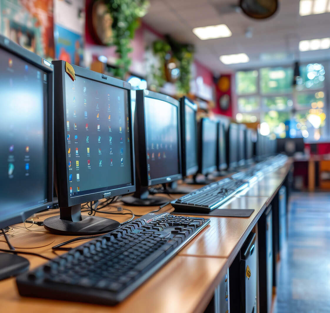 A well-organized computer lab with multiple workstations and monitors lined up in an educational setting.