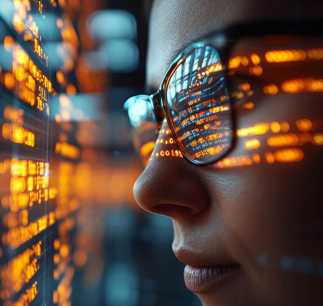 Women in glasses reading html scripts, programming and cyber security research, plus data analytics and holograms of data.