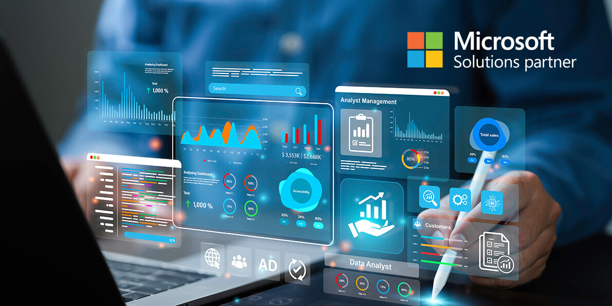 An analyst uses a computer and dashboard for data business analysis and Data Management System.