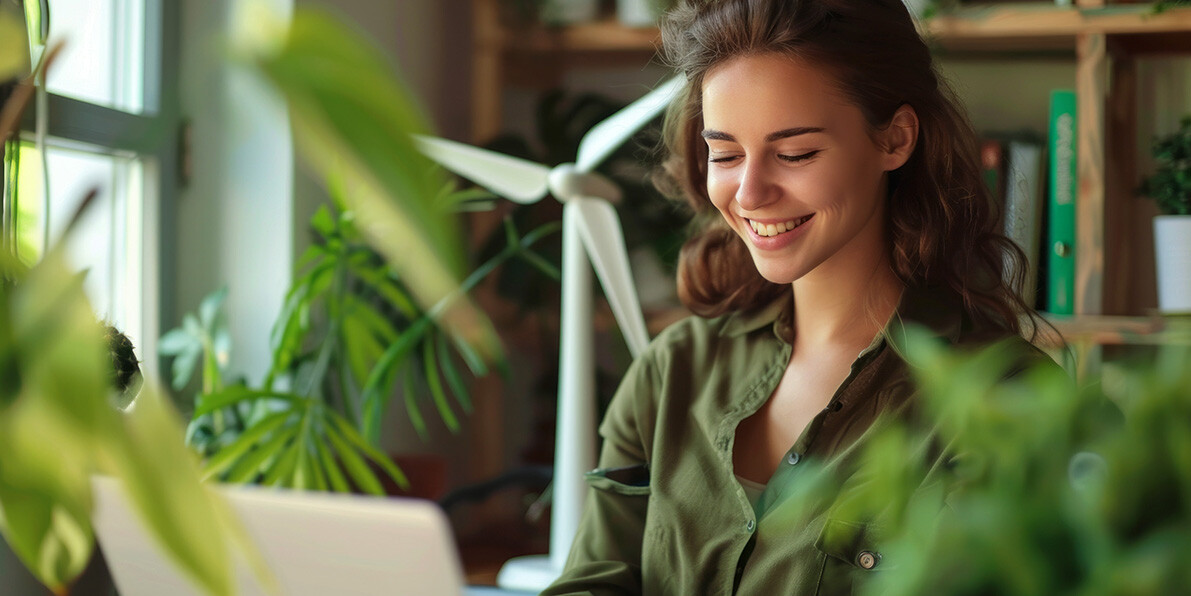 A smiling young woman works on her laptop at home, surrounded by lush plants and a small wind turbine.